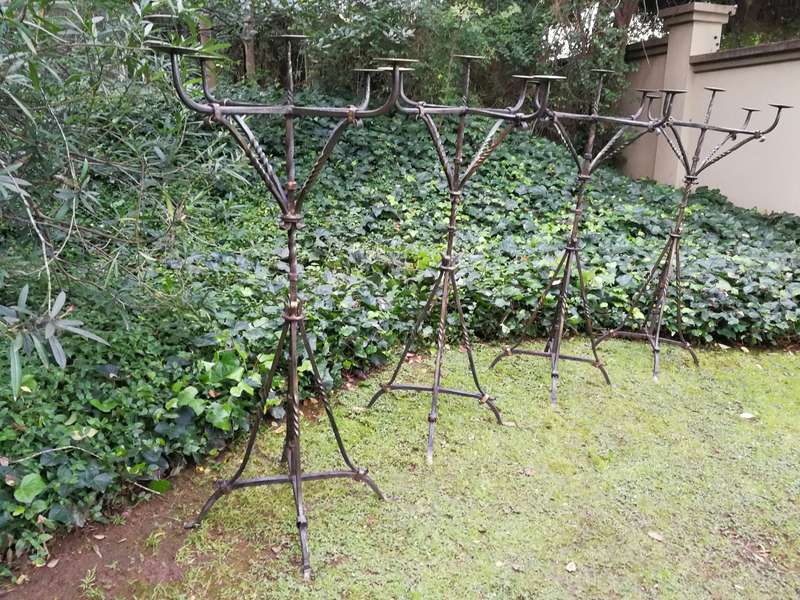A Vintage Set of 4 Wrought Iron 5 Arm Standing Candelabras With Gold Detail