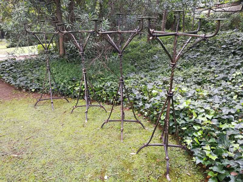 A Vintage Set of 4 Wrought Iron 5 Arm Standing Candelabras With Gold Detail