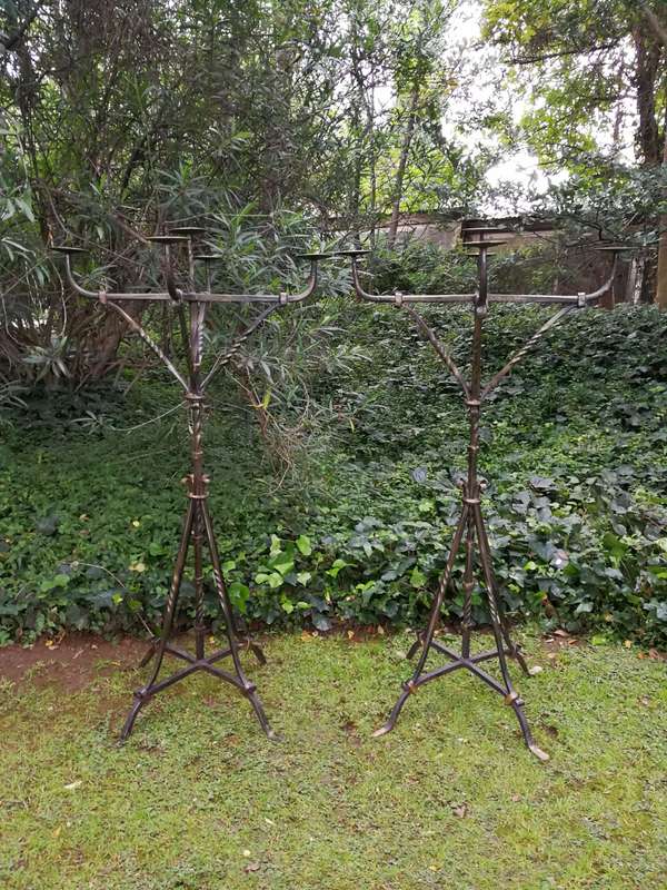 A Vintage Set of 4 Wrought Iron 5 Arm Standing Candelabras With Gold Detail