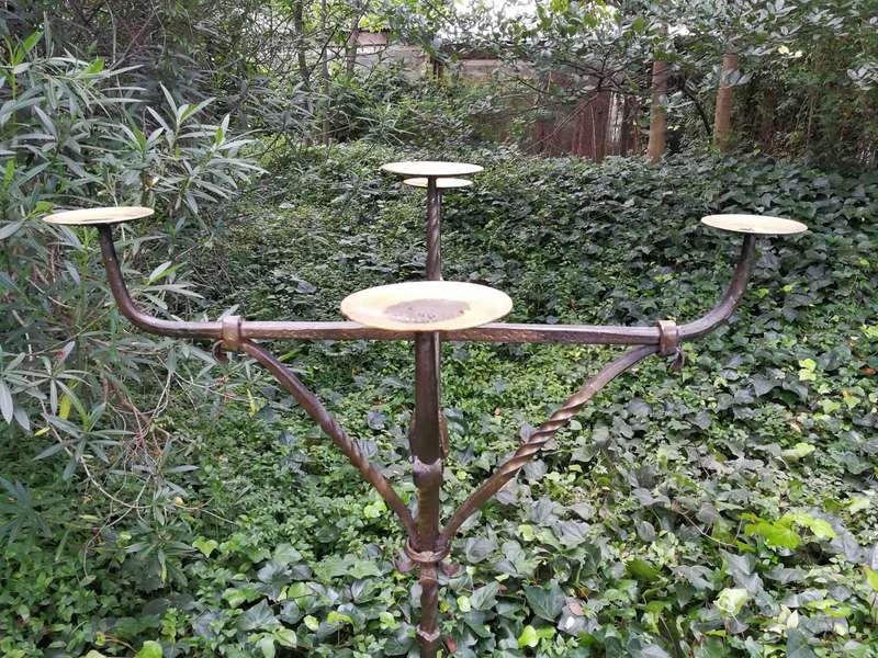 A Vintage Set of 4 Wrought Iron 5 Arm Standing Candelabras With Gold Detail