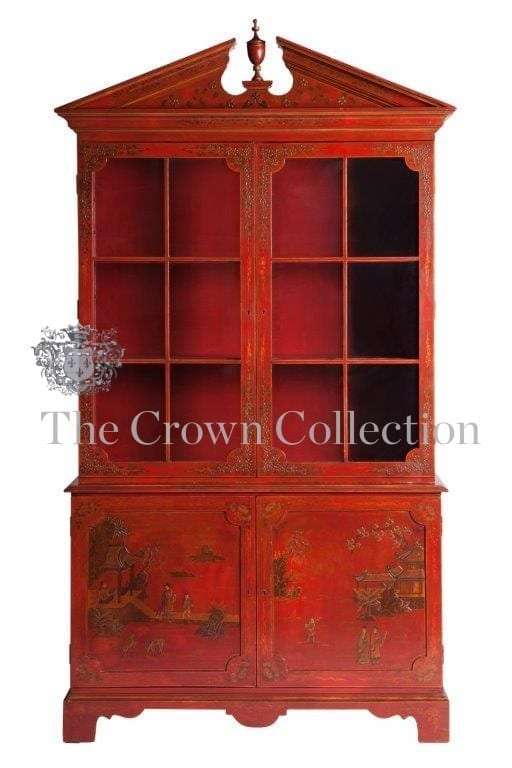 A Fine & Rare George II Style Lacqured Broken Pediment Bookcase in the Chinese Taste, English Mid...