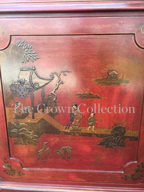 A Fine & Rare George II Style Lacqured Broken Pediment Bookcase in the Chinese Taste, English Mid...