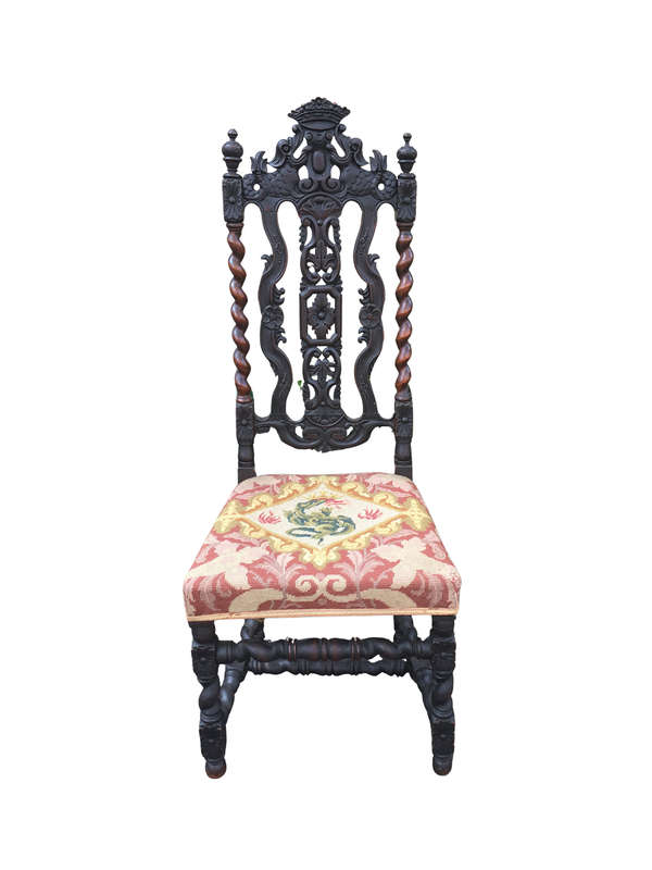 19th Century English Oak Barley Twist Hall Chair with Tapestry Upholstery