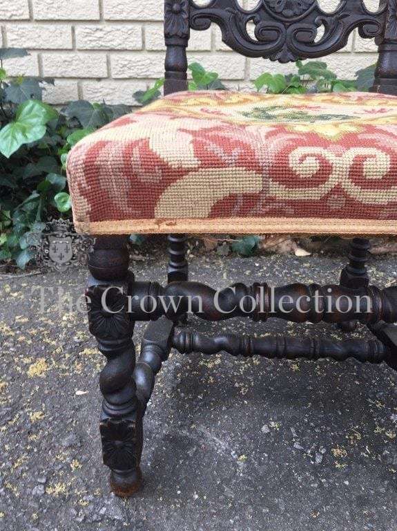 19th Century English Oak Barley Twist Hall Chair with Tapestry Upholstery