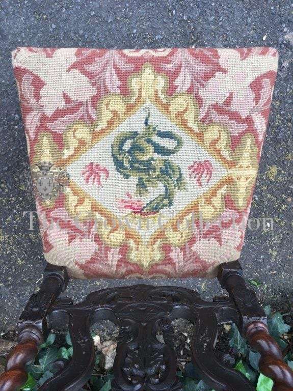19th Century English Oak Barley Twist Hall Chair with Tapestry Upholstery