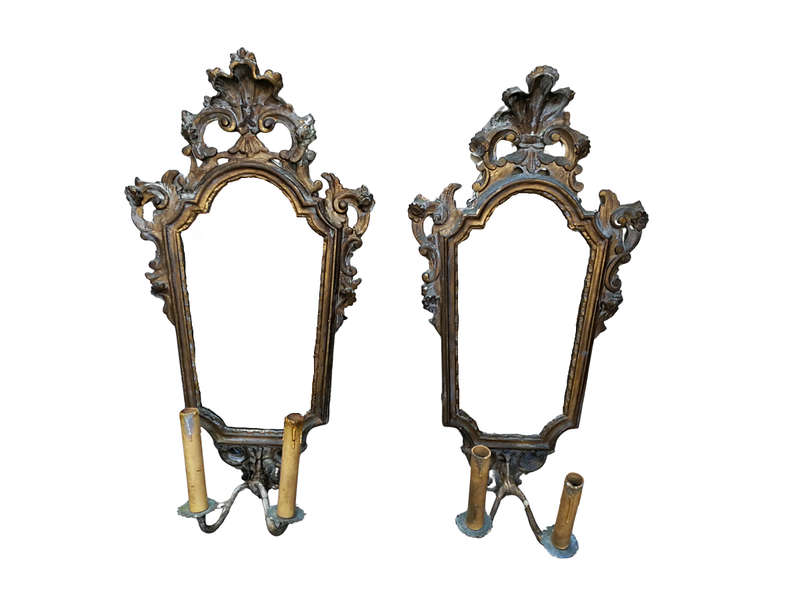 Pair Early 20th Century Girlandoles (mirrors) with Gilded Composition Frame & Shell Motif