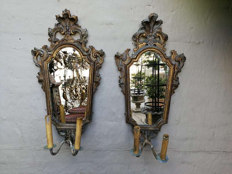 Pair Early 20th Century Girlandoles (mirrors) with Gilded Composition Frame & Shell Motif