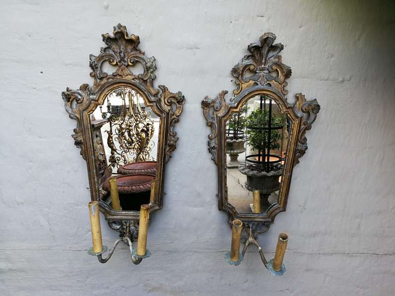 Pair Early 20th Century Girlandoles (mirrors) with Gilded Composition Frame & Shell Motif