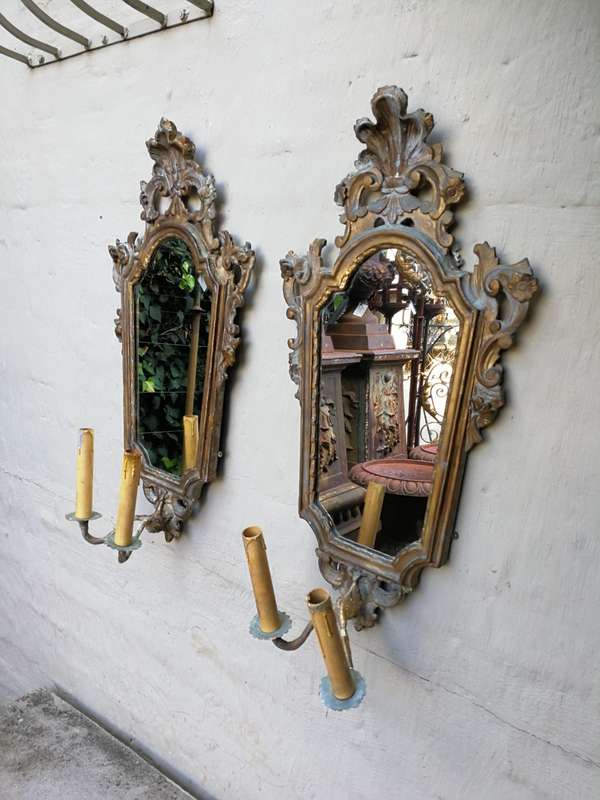 Pair Early 20th Century Girlandoles (mirrors) with Gilded Composition Frame & Shell Motif