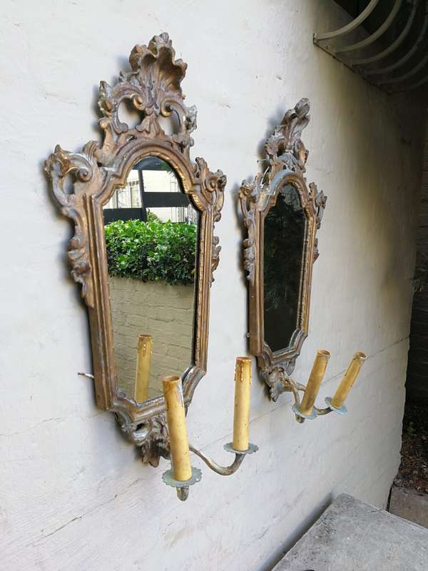 Pair Early 20th Century Girlandoles (mirrors) with Gilded Composition Frame & Shell Motif