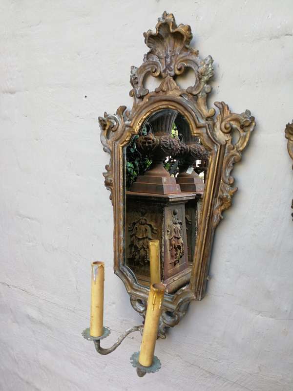 Pair Early 20th Century Girlandoles (mirrors) with Gilded Composition Frame & Shell Motif