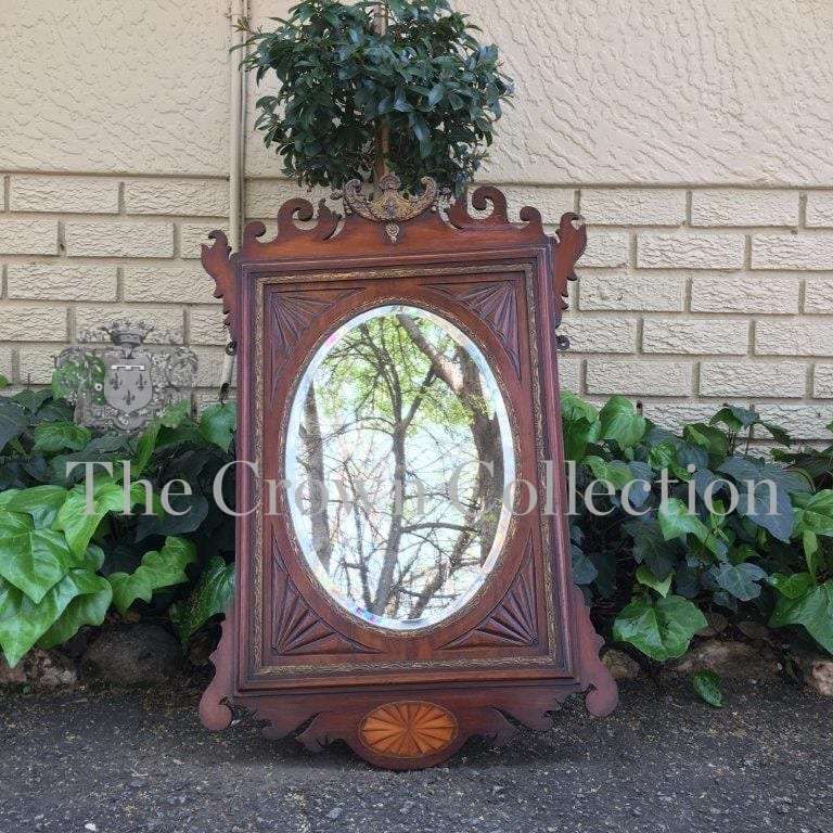 Early 19th Century Georgian Mahogany & Gilded Wall Mirror with Carved Frame & Inlaid Fan Motif