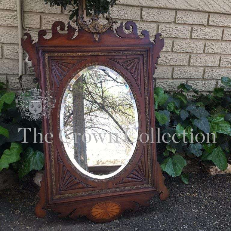 Early 19th Century Georgian Mahogany & Gilded Wall Mirror with Carved Frame & Inlaid Fan Motif