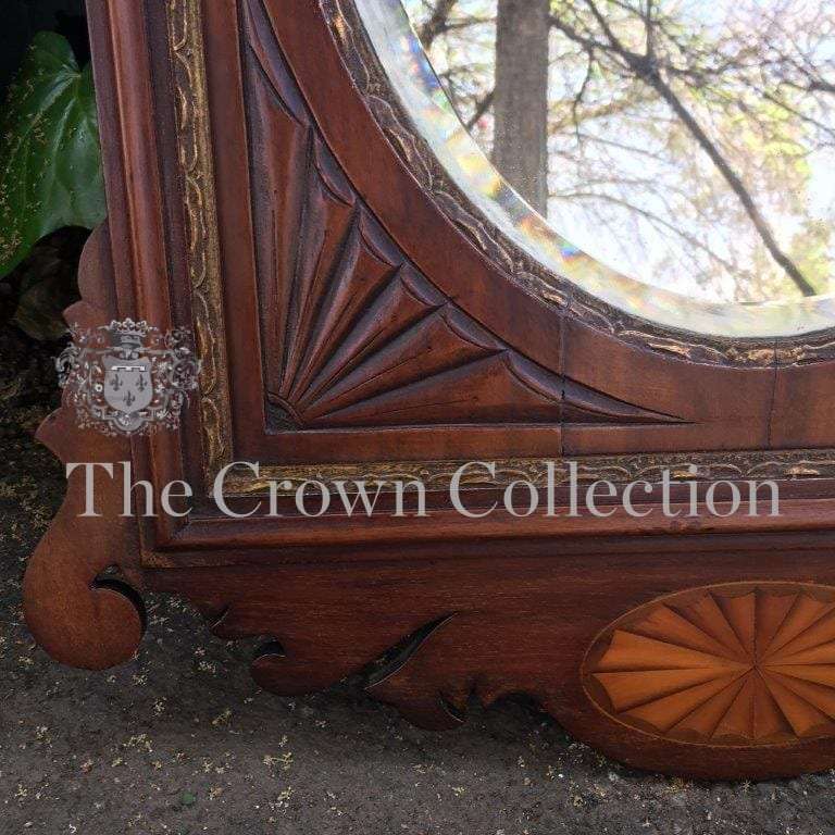 Early 19th Century Georgian Mahogany & Gilded Wall Mirror with Carved Frame & Inlaid Fan Motif