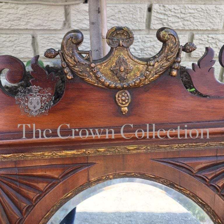 Early 19th Century Georgian Mahogany & Gilded Wall Mirror with Carved Frame & Inlaid Fan Motif