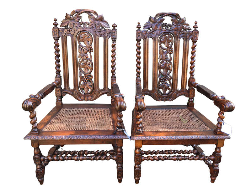 Pair Continental Carved Oak Armchairs with Vine Leaf Motif - ND