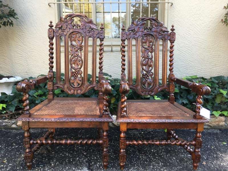 Pair Continental Carved Oak Armchairs with Vine Leaf Motif - ND