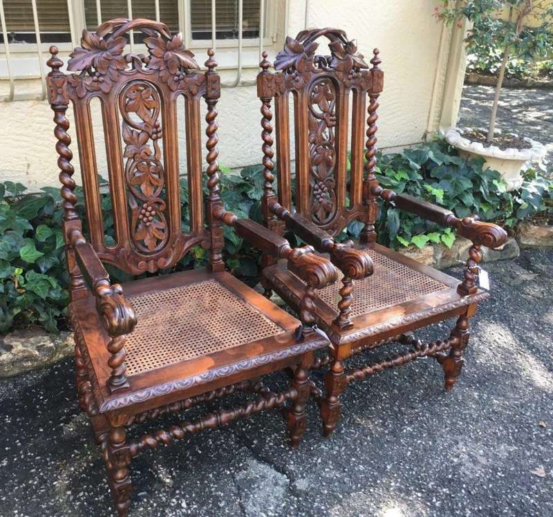 Pair Continental Carved Oak Armchairs with Vine Leaf Motif - ND