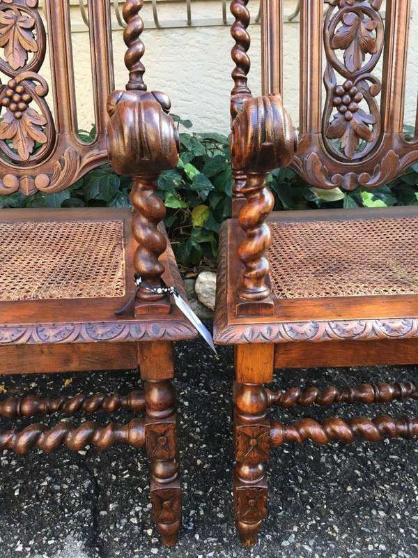 Pair Continental Carved Oak Armchairs with Vine Leaf Motif - ND