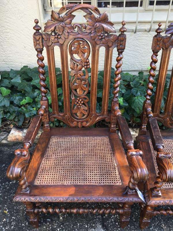 Pair Continental Carved Oak Armchairs with Vine Leaf Motif - ND