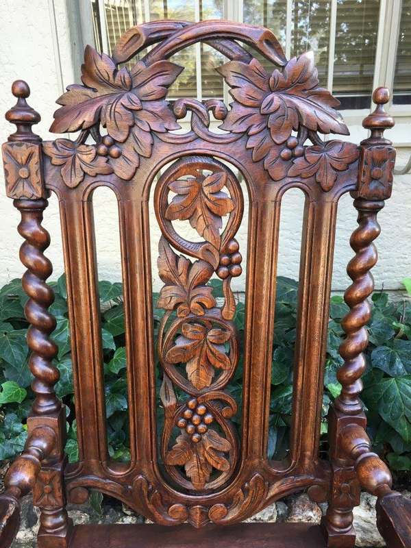 Pair Continental Carved Oak Armchairs with Vine Leaf Motif - ND