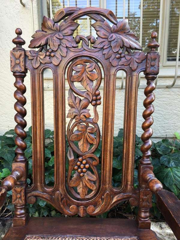 Pair Continental Carved Oak Armchairs with Vine Leaf Motif - ND