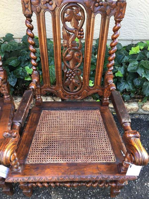 Pair Continental Carved Oak Armchairs with Vine Leaf Motif - ND