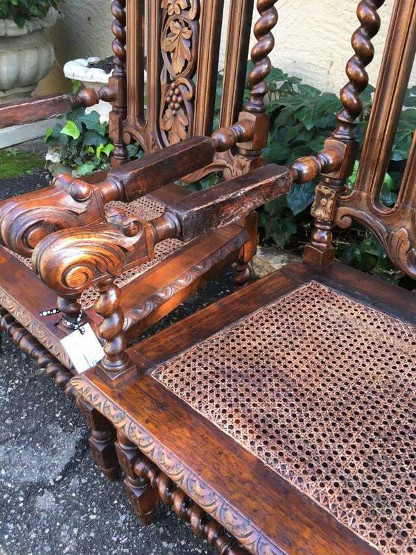 Pair Continental Carved Oak Armchairs with Vine Leaf Motif - ND