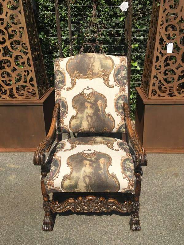 Continental Carved Oak Armchair  upholstered