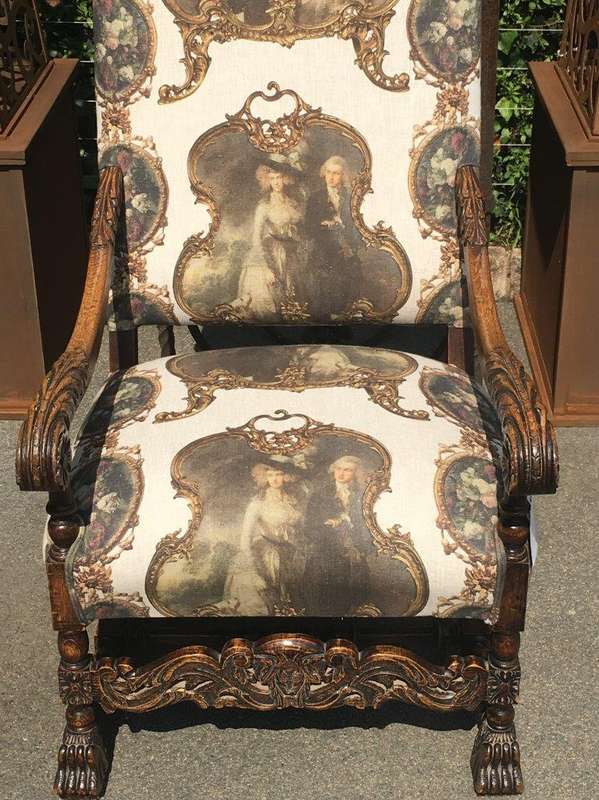 Continental Carved Oak Armchair  upholstered