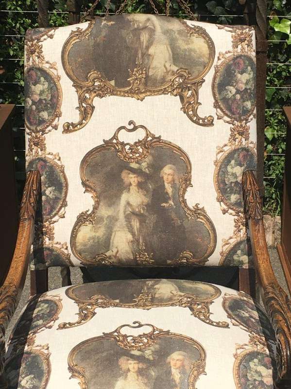 Continental Carved Oak Armchair  upholstered