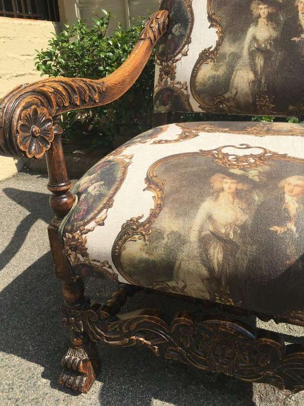 Continental Carved Oak Armchair  upholstered
