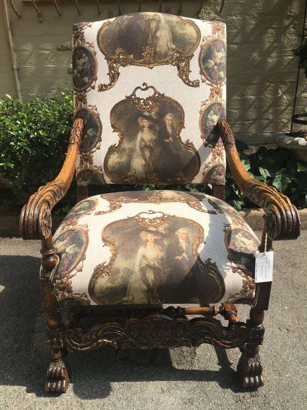 Continental Carved Oak Armchair  upholstered