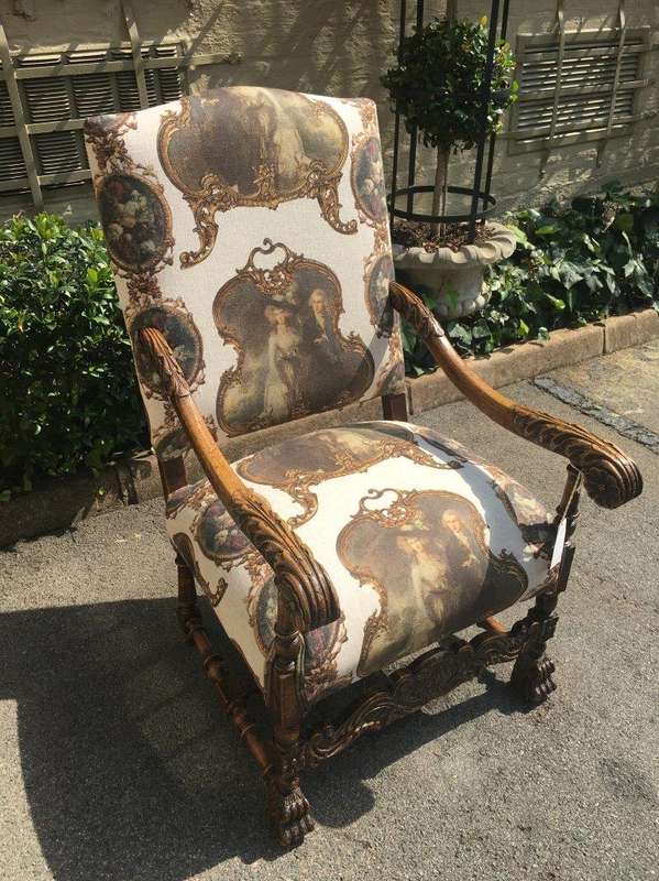 Continental Carved Oak Armchair  upholstered