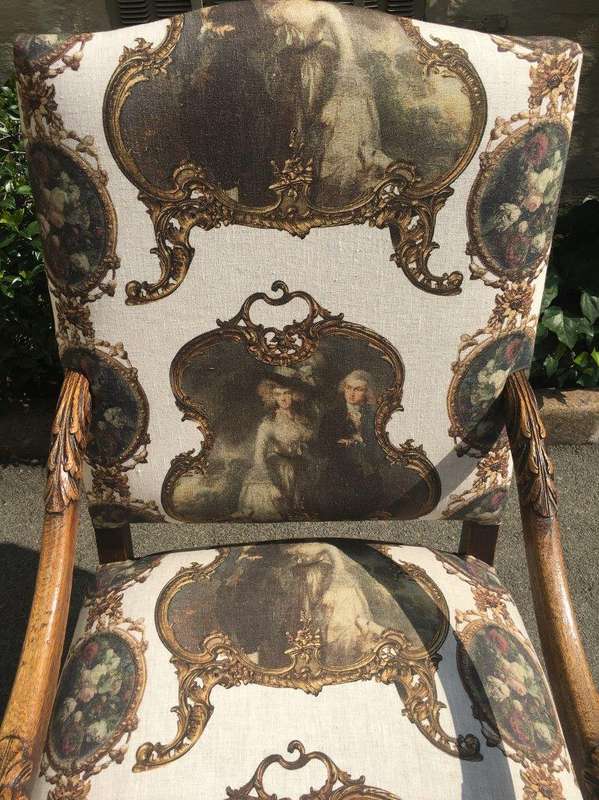Continental Carved Oak Armchair  upholstered