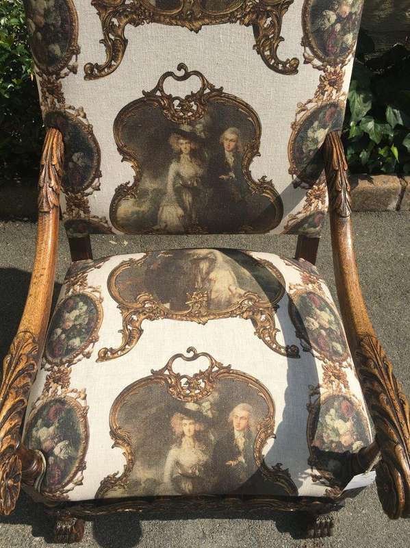 Continental Carved Oak Armchair  upholstered