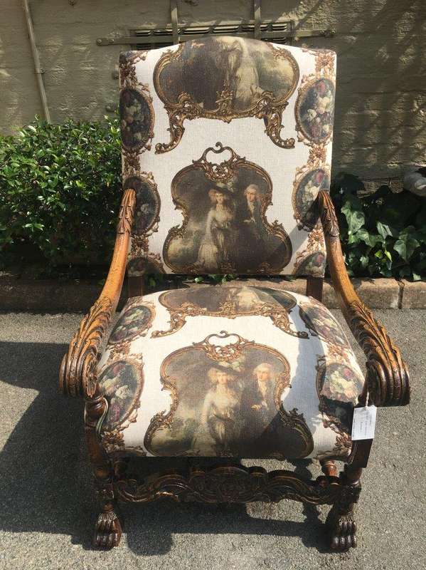 Continental Carved Oak Armchair  upholstered