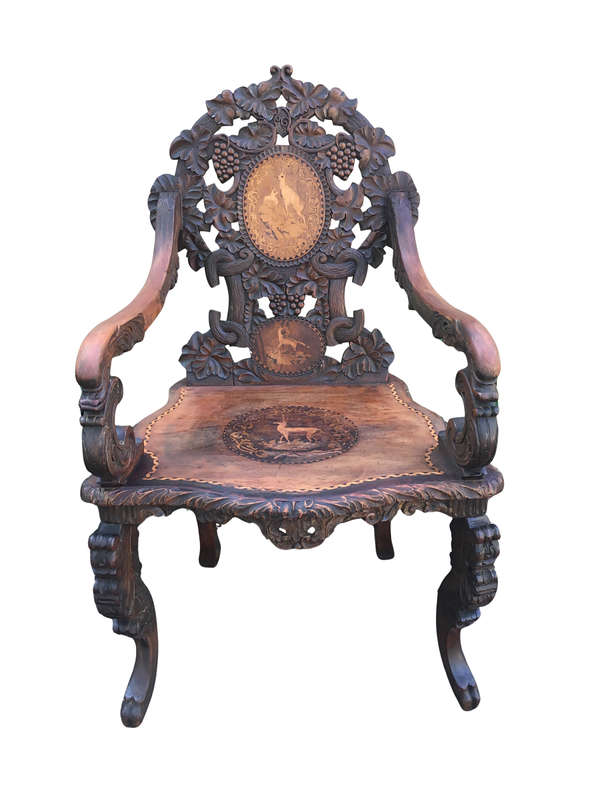19th Century Swiss Fruitwood & Inlaid Carved Chair