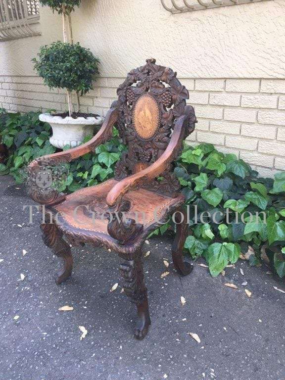 19th Century Swiss Fruitwood & Inlaid Carved Chair