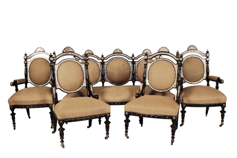 Mid Victorian Ebonised set of 3 Seater settee, 2x arm chairs and 2x chairs with Mother of Pearl I...