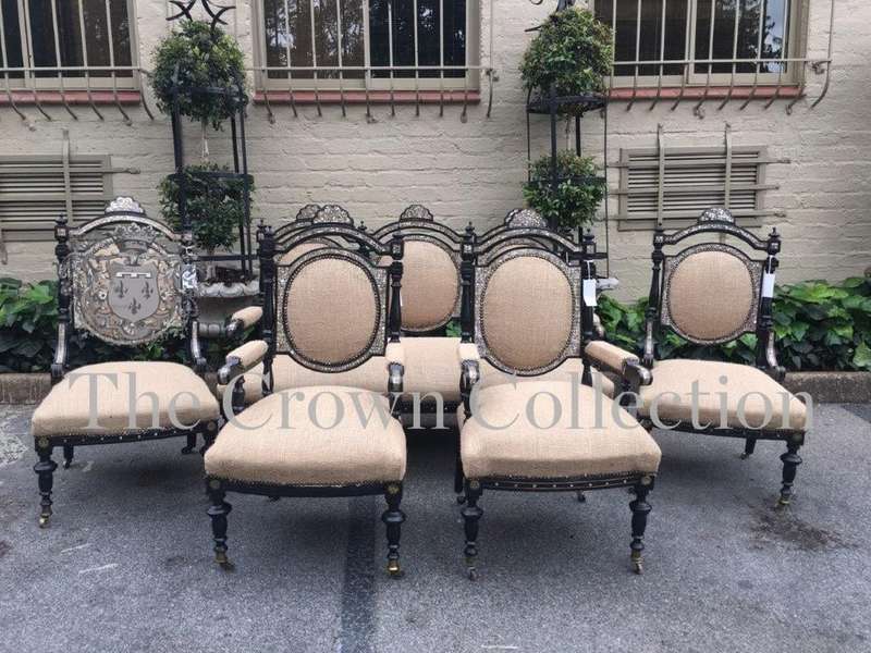 Mid Victorian Ebonised set of 3 Seater settee, 2x arm chairs and 2x chairs with Mother of Pearl I...