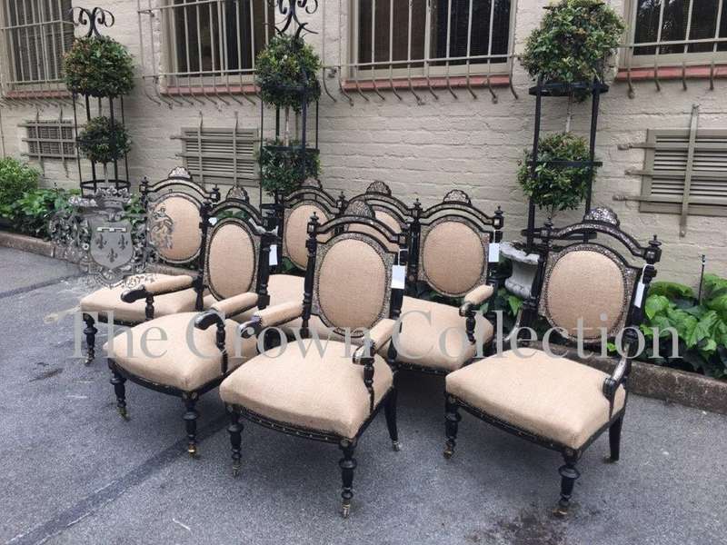 Mid Victorian Ebonised set of 3 Seater settee, 2x arm chairs and 2x chairs with Mother of Pearl I...