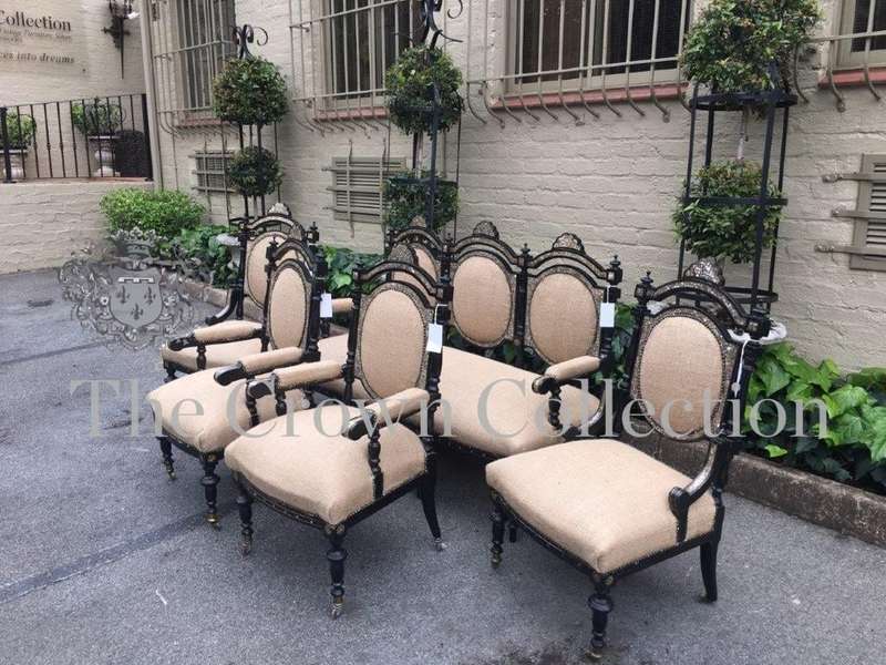 Mid Victorian Ebonised set of 3 Seater settee, 2x arm chairs and 2x chairs with Mother of Pearl I...