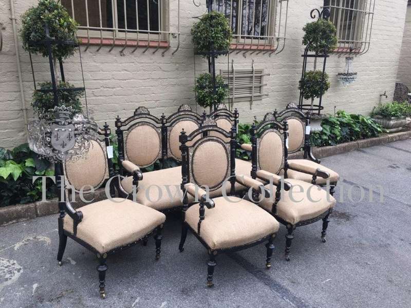 Mid Victorian Ebonised set of 3 Seater settee, 2x arm chairs and 2x chairs with Mother of Pearl I...