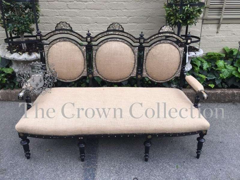 Mid Victorian Ebonised set of 3 Seater settee, 2x arm chairs and 2x chairs with Mother of Pearl I...