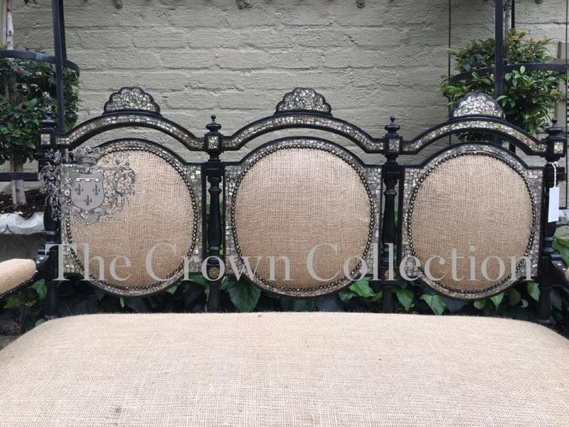 Mid Victorian Ebonised set of 3 Seater settee, 2x arm chairs and 2x chairs with Mother of Pearl I...