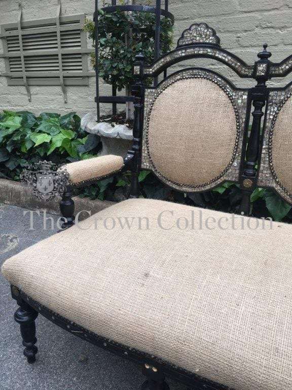 Mid Victorian Ebonised set of 3 Seater settee, 2x arm chairs and 2x chairs with Mother of Pearl I...