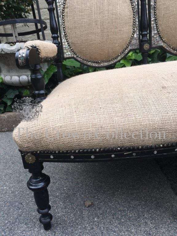 Mid Victorian Ebonised set of 3 Seater settee, 2x arm chairs and 2x chairs with Mother of Pearl I...