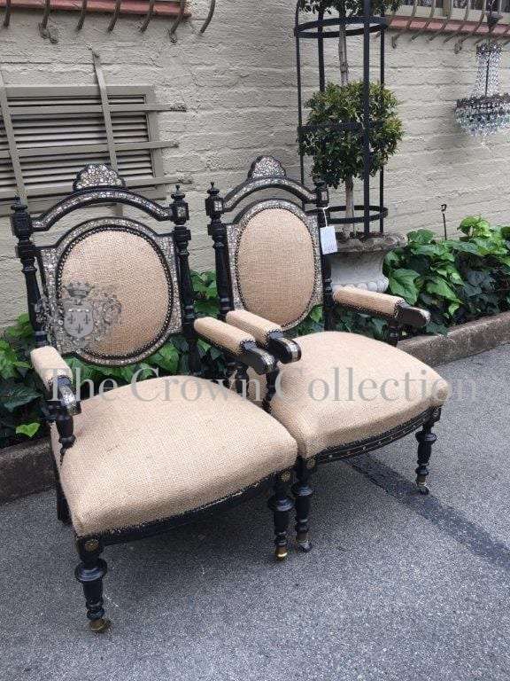 Mid Victorian Ebonised set of 3 Seater settee, 2x arm chairs and 2x chairs with Mother of Pearl I...