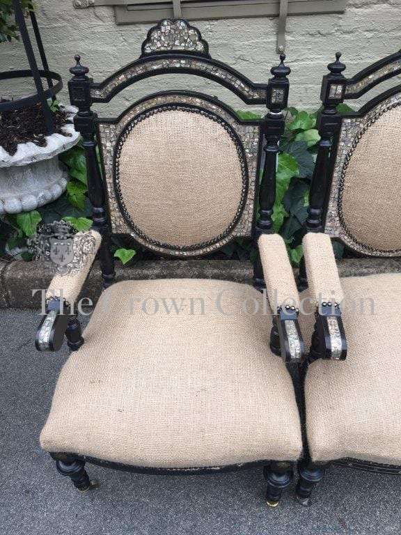 Mid Victorian Ebonised set of 3 Seater settee, 2x arm chairs and 2x chairs with Mother of Pearl I...